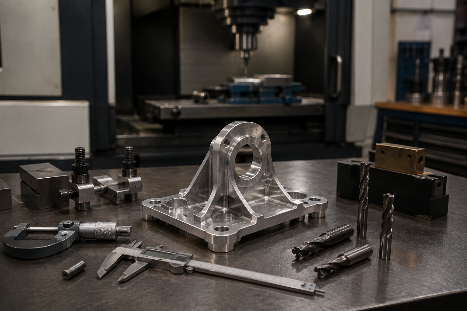 Machined metal part on a workbench in a machine shop, surrounded by calipers and tools