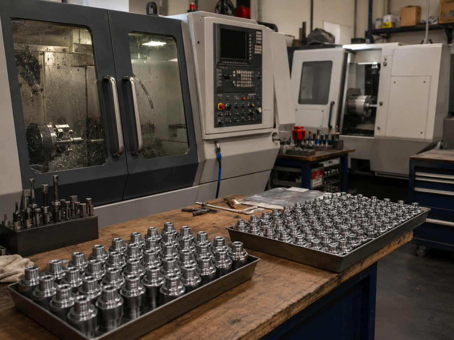 Rows of machined metal parts on trays in a workshop beside a CNC milling machine