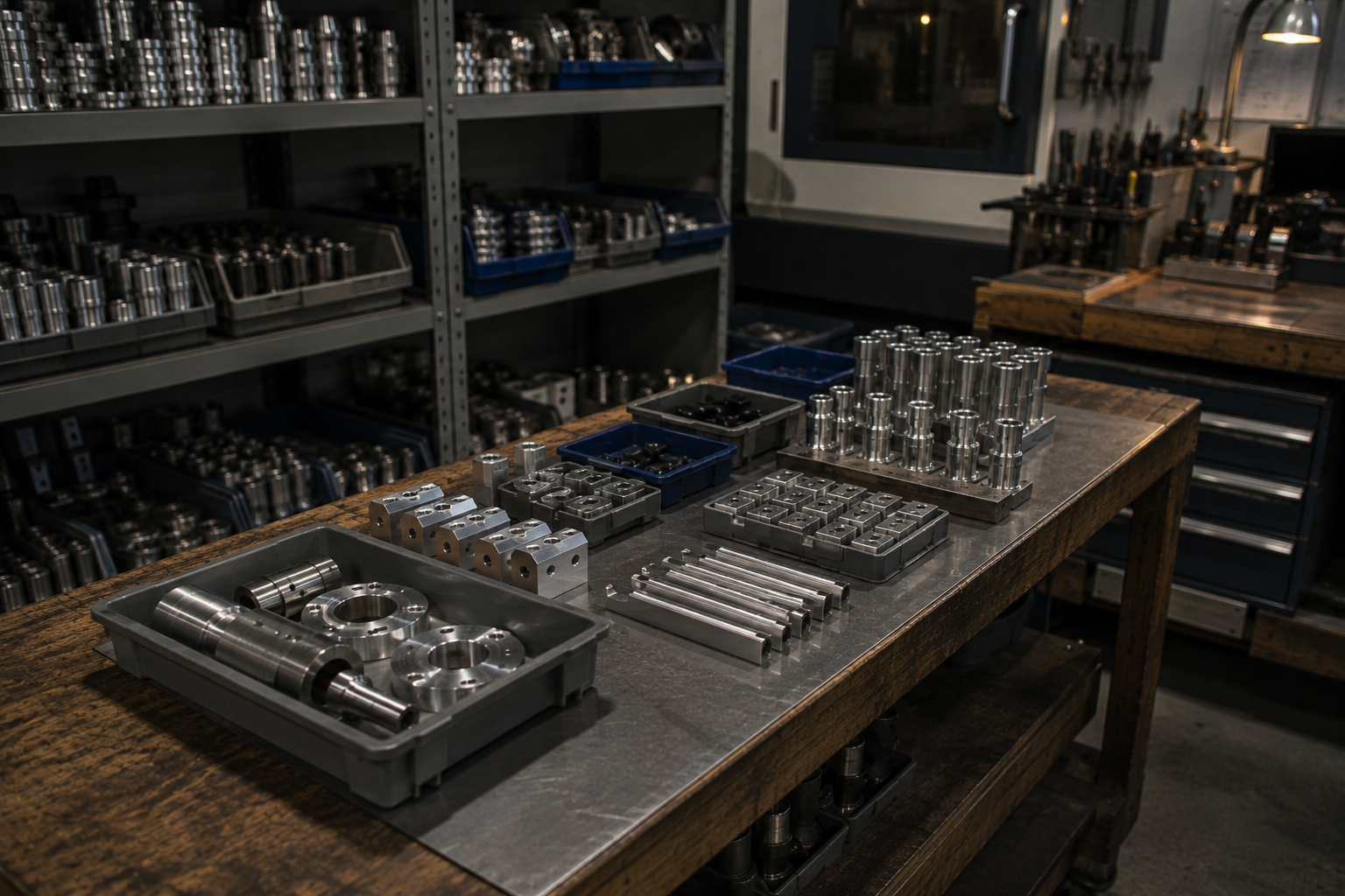 Workshop table with organized metal parts and tools in dark shelving cabinets