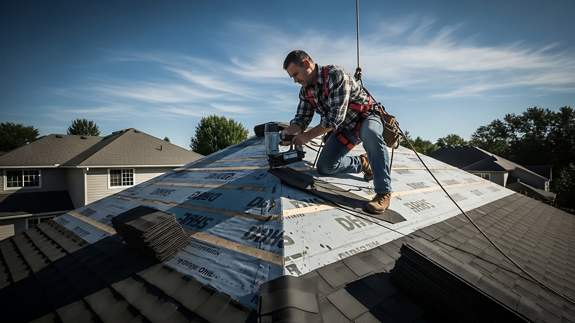 Worker installing roofing underlayment on a sloped house roof under a blue sky