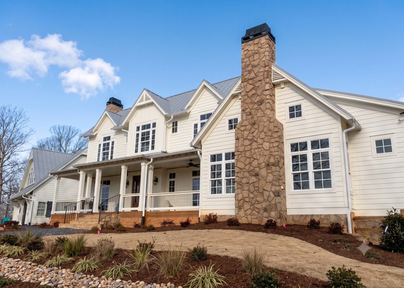 Large cream-colored house with stone chimney, white porch, and landscaped front yard under a blue sky