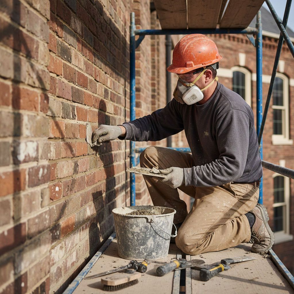 Construction worker in hard hat and respirator, repairing brick wall, kneeling on scaffolding, bucket of mortar nearby.
