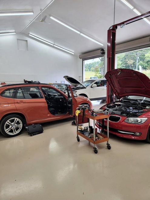 An auto repair shop with an orange car and a red car, both with hoods open, parked under bright lights on a clean floor. | Mountain European Auto Repair