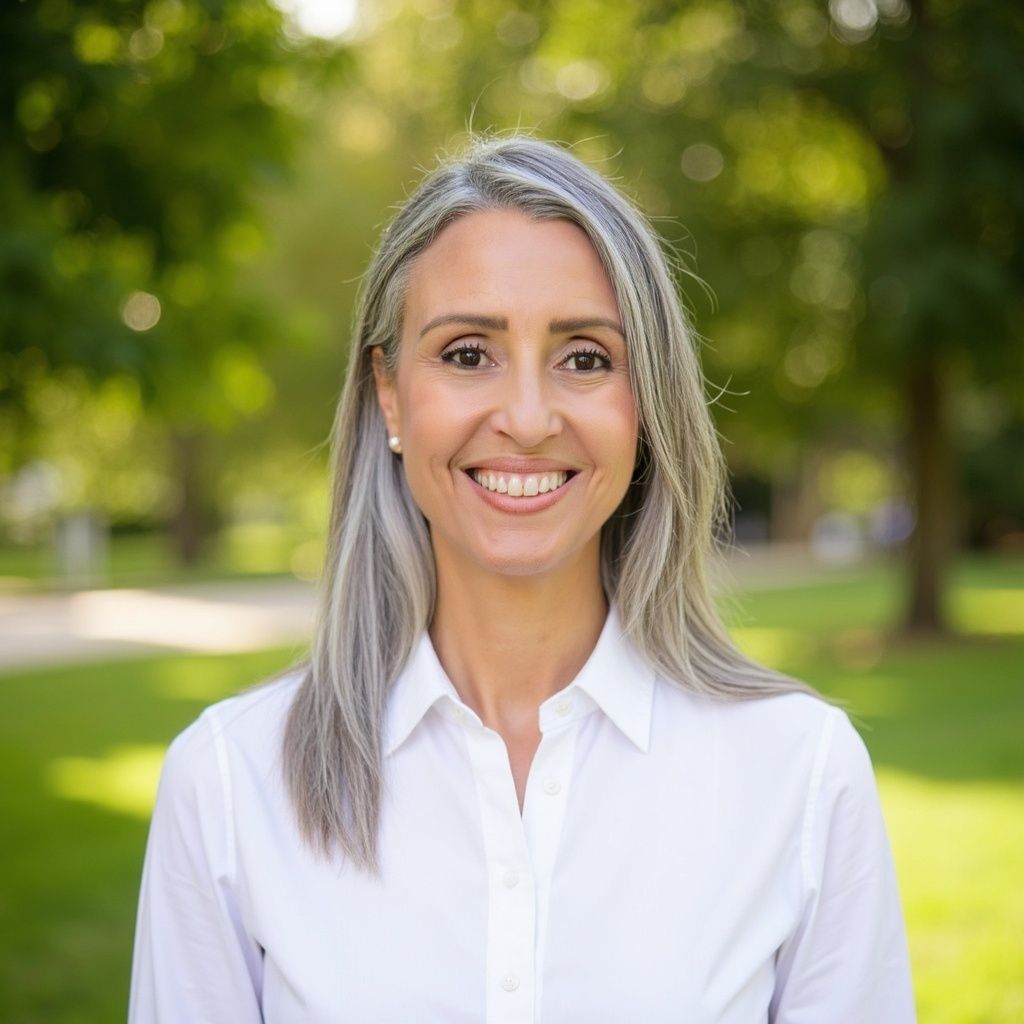 Smiling woman with long gray hair in a white shirt, standing outdoors in a sunny park