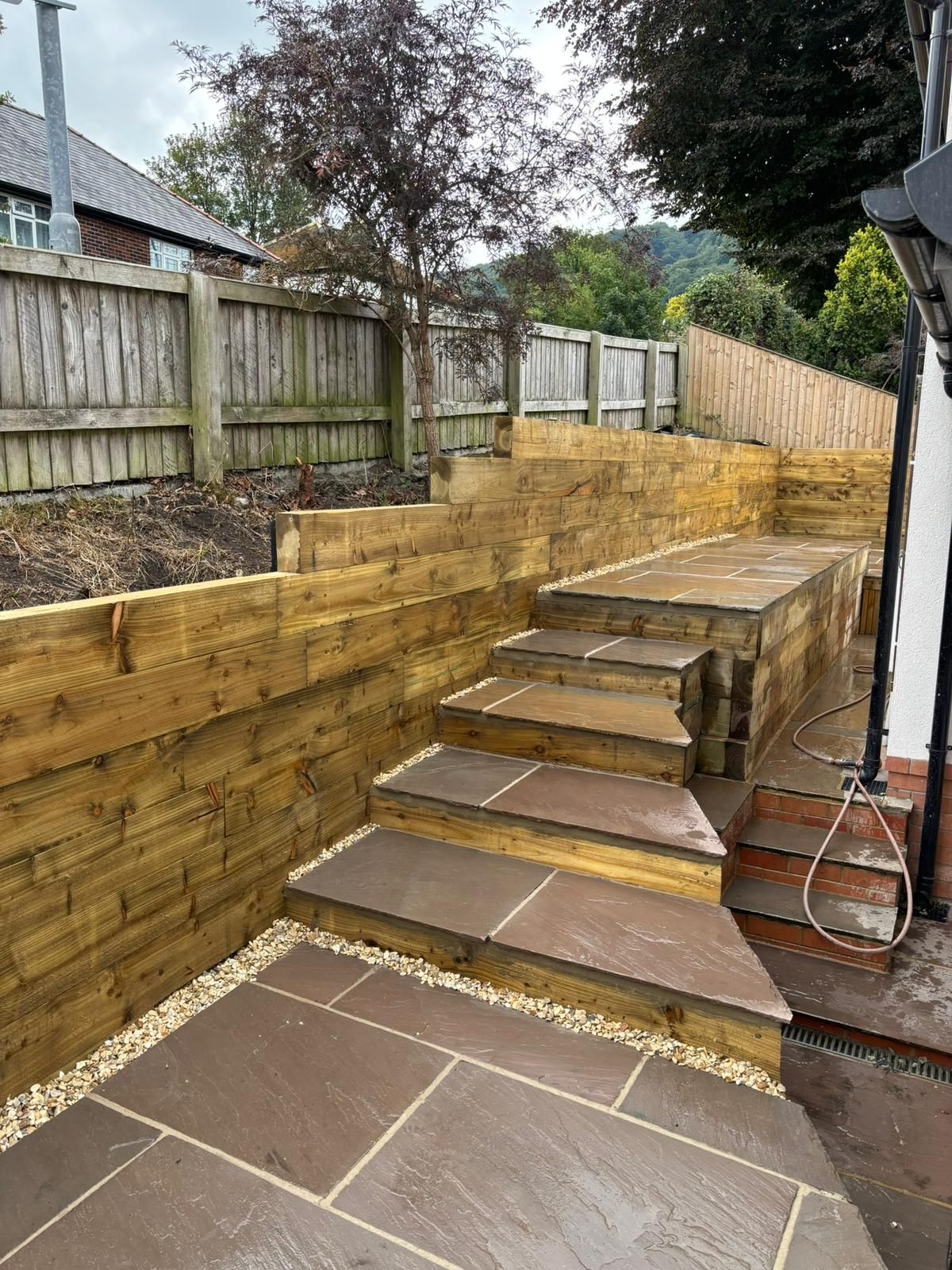Stepped patio path beside a timber retaining wall and fenced garden, with brown paving slabs and stairs.