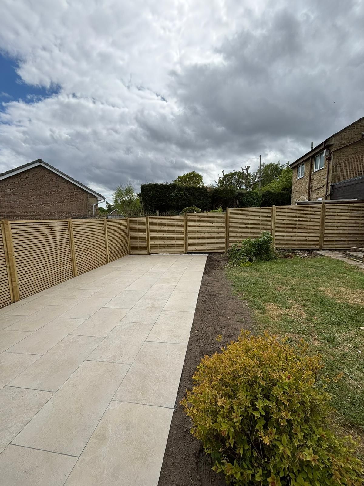Backyard with paved patio, wooden fences, lawn, and cloudy sky