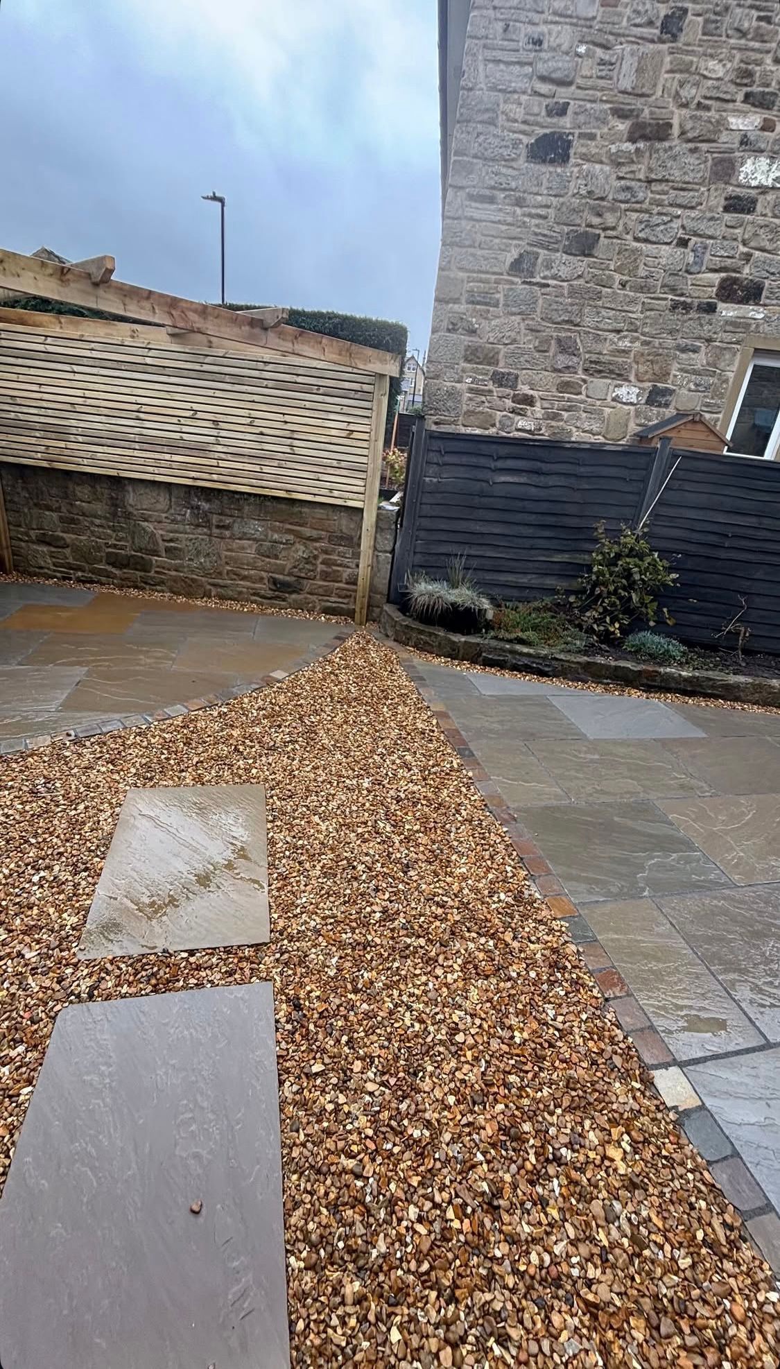 Gravel path between stone walls and paving slabs beside a narrow street under a cloudy sky