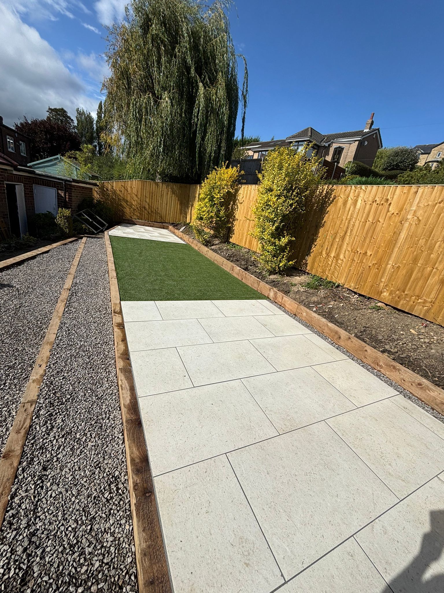 Backyard with gravel, concrete pavers, and a small artificial grass strip beside a wooden fence and tall trees