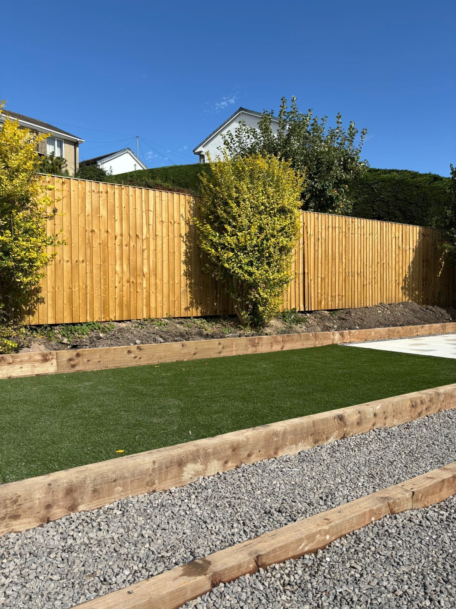 Backyard with wooden fence, green lawn, gravel path, and clear blue sky