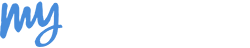 Blue handwritten lowercase “my” on a white background
