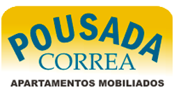Logo for Pousada Correa: teal text on yellow background, 