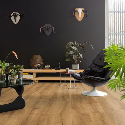 Living room with wood flooring, a black accent wall, a black modern chair, plants, and decorative animal skull mounts.