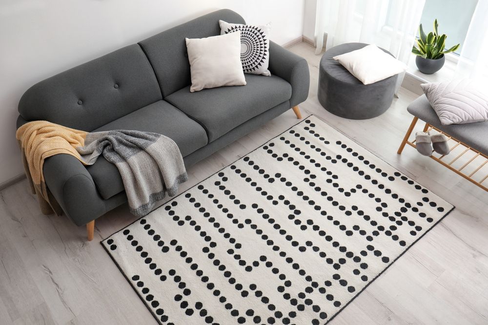 Gray sofa and ottoman in a modern living room with a black and white rug. Pillows, a blanket, and a plant are also present.