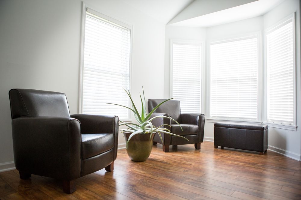 Two brown leather armchairs facing each other in a well-lit room with large windows, wooden floors, and a potted plant.