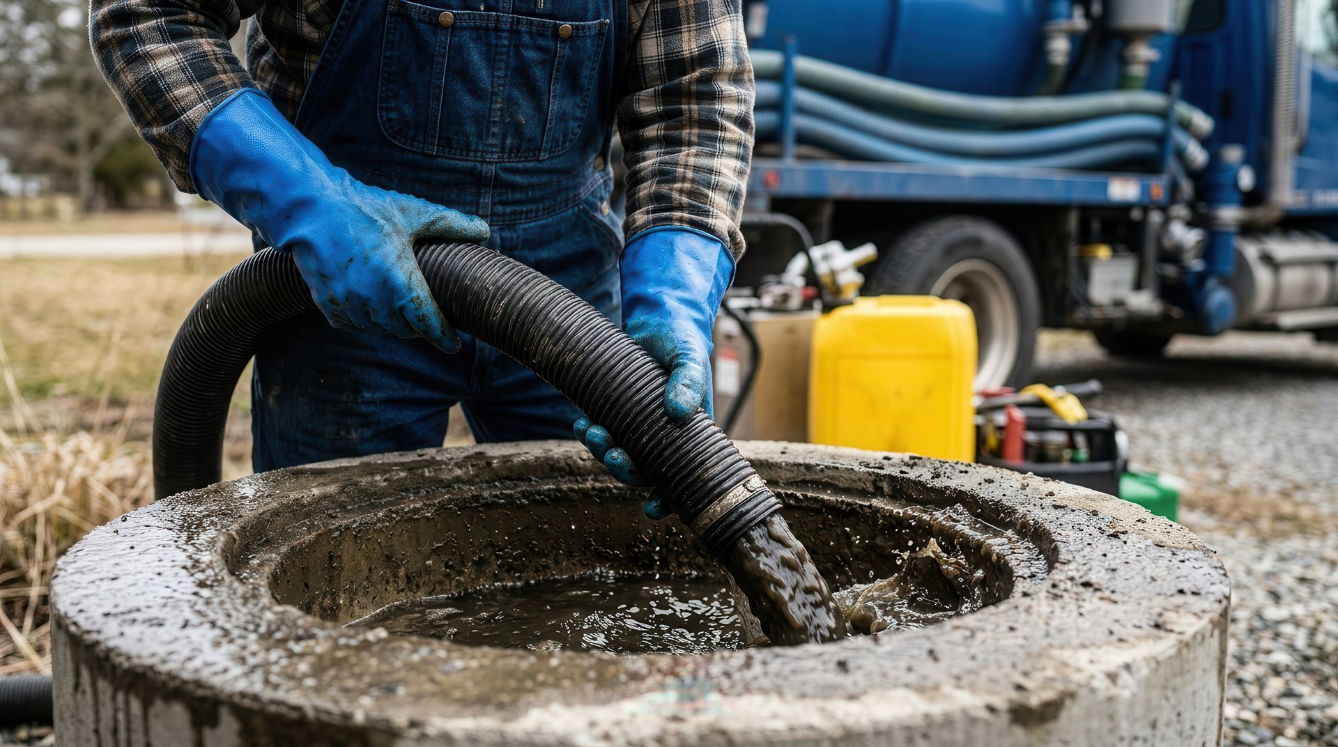 Septic contractors pumping and cleaning residential septic tank with professional vacuum equipment