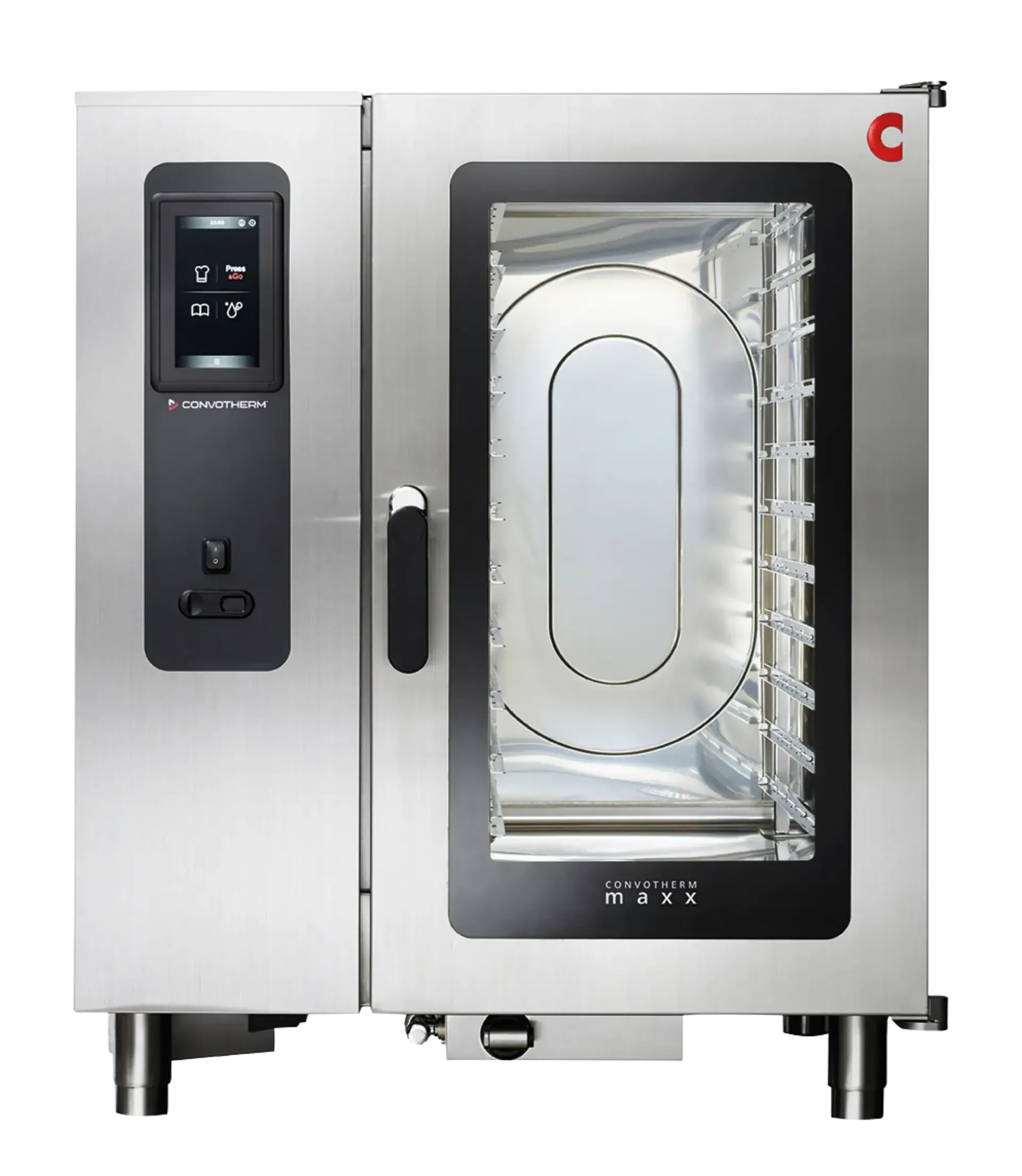 Commerciële roestvrijstalen convectieoven met digitaal display en glazen deur.