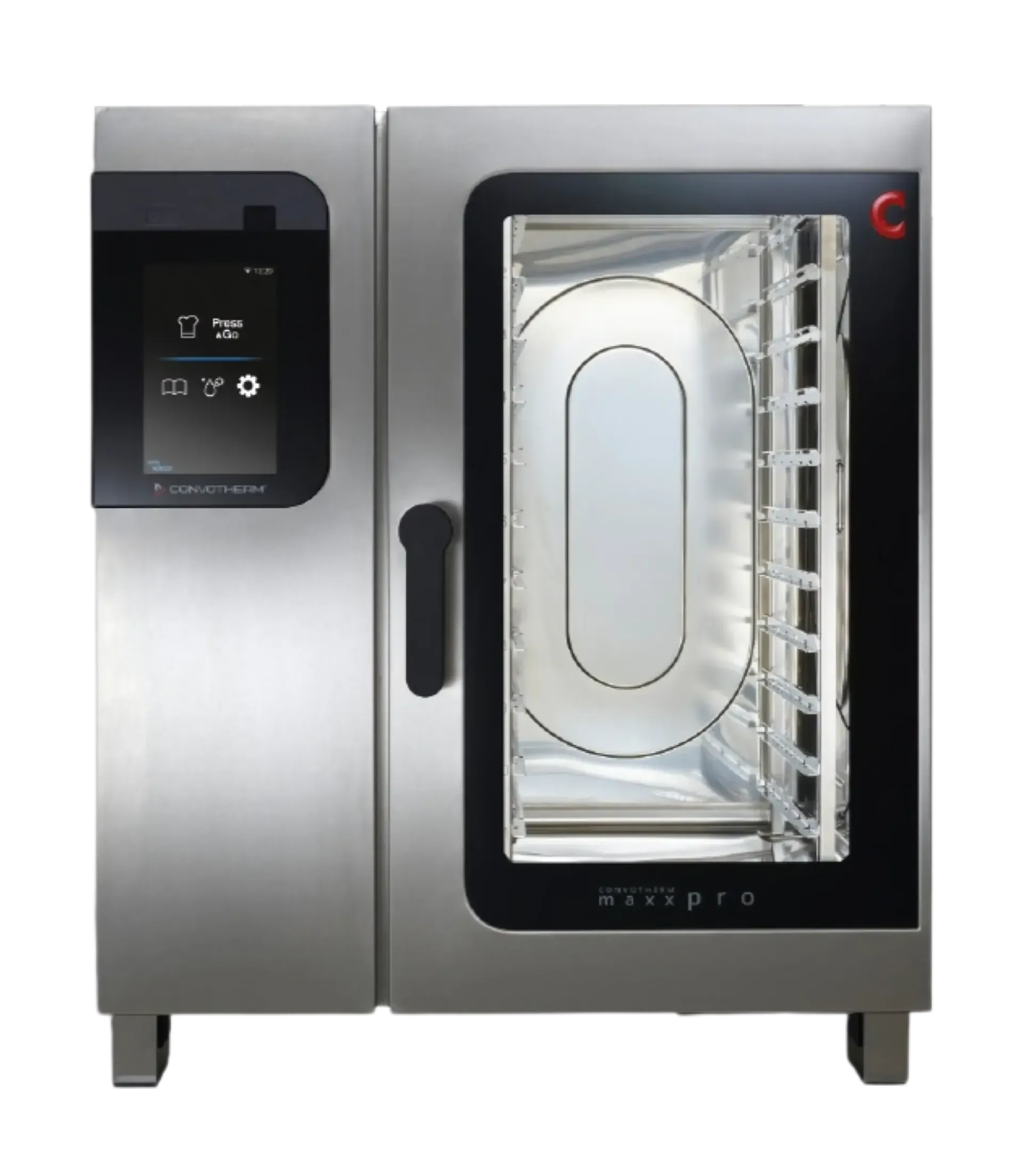 Roestvrijstalen commerciële convectieoven met touchscreenbediening en groot raam.