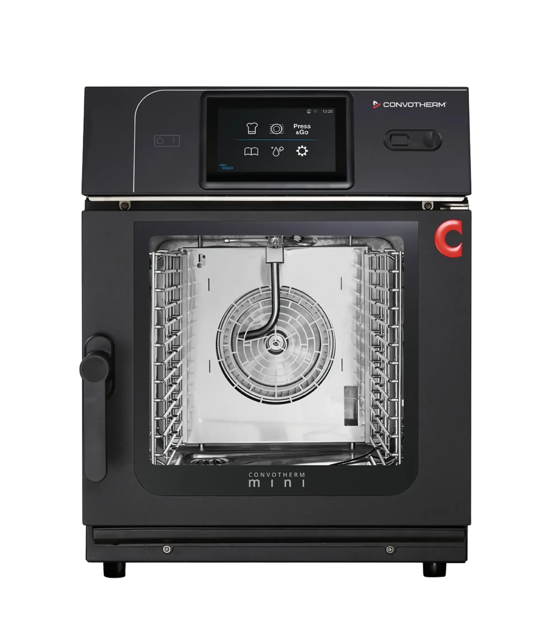 Zwarte professionele oven met digitaal display en binnenventilator.
