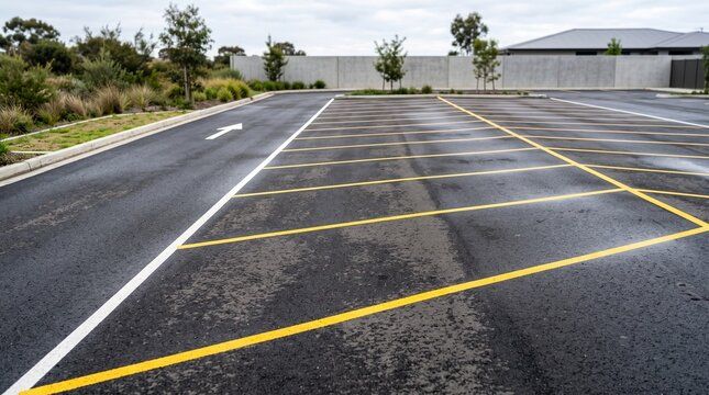 Empty paved parking lot with yellow diagonal lines and white lane markings beside trees and a building