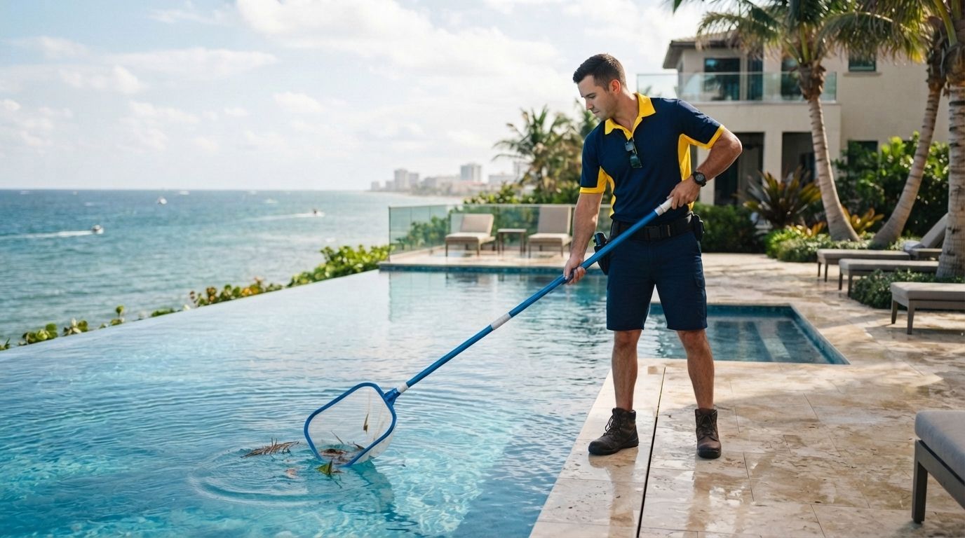 Person using a pool net to clean an infinity pool beside the ocean.