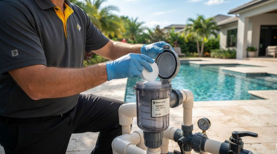 Pool technician checking a filter beside a backyard swimming pool