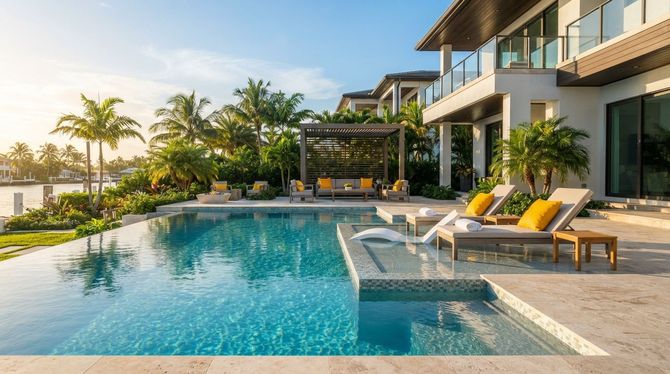 Luxury resort pool with turquoise water, palm trees, and sun loungers beside modern villas at sunset