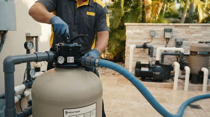 Technician adjusting a pool filter system with blue hoses outdoors near equipment and palm trees