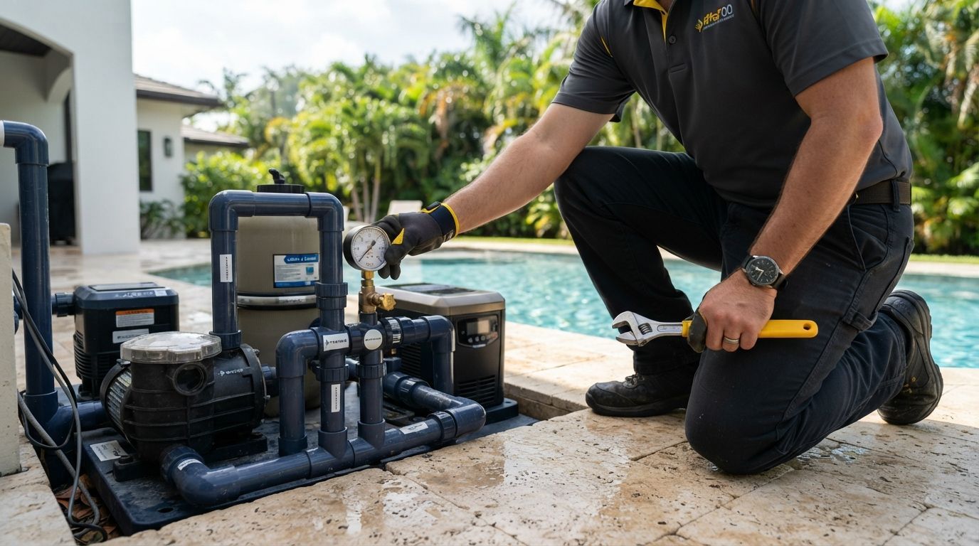 Technician kneels beside a pool pump system, adjusting black pipes near a backyard swimming pool.