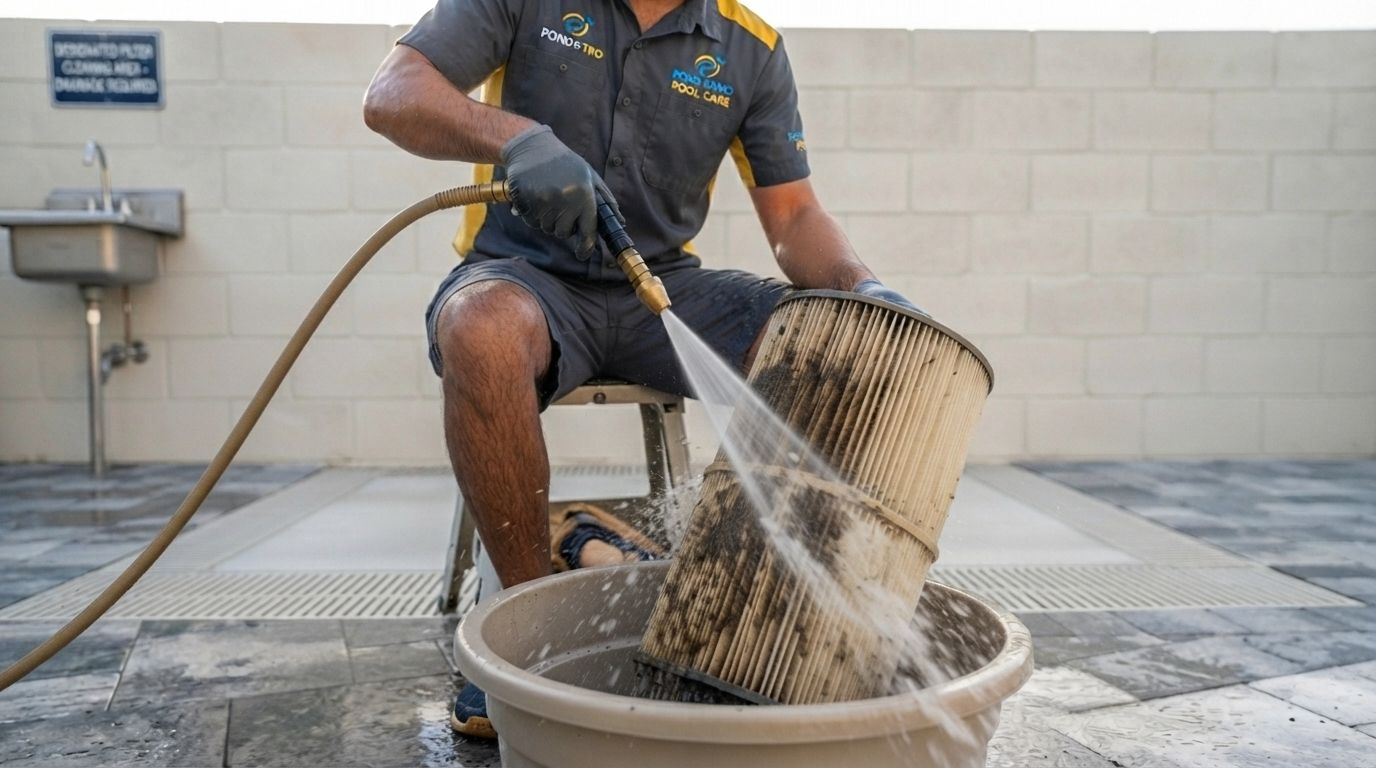 Worker pressure-washing a large wicker chair in a bucket outdoors on a tiled patio