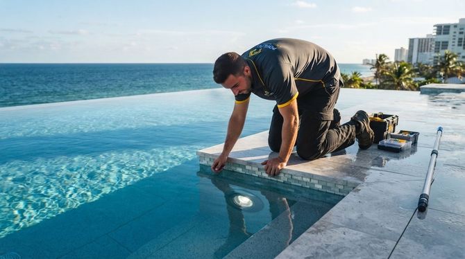 Worker installing a glass edge on a seaside infinity pool with ocean view
