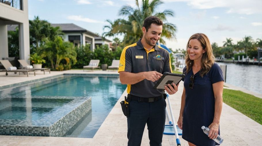 Pool technician showing tablet to woman beside a backyard pool and spa