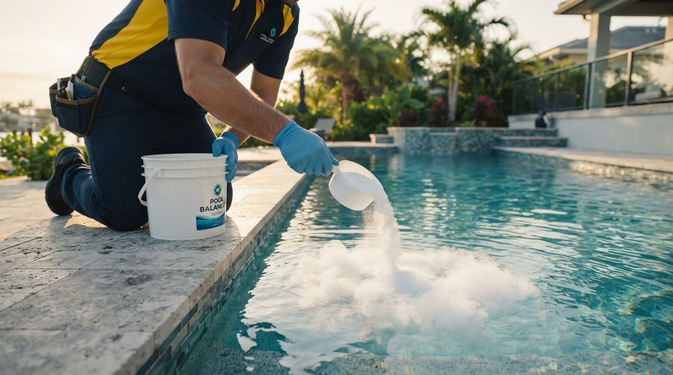 Person in blue gloves pours pool cleaner into a swimming pool beside a white bucket.