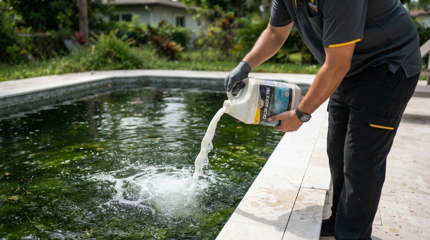Person in black gloves pours liquid from a container into a green pool beside a stone deck.