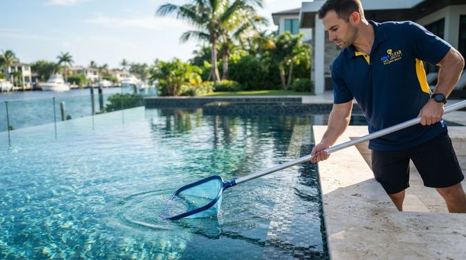 Man skimming leaves from a clear blue pool beside palm trees and modern homes
