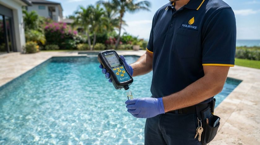 Technician in navy uniform holds a pool testing device beside a backyard swimming pool.