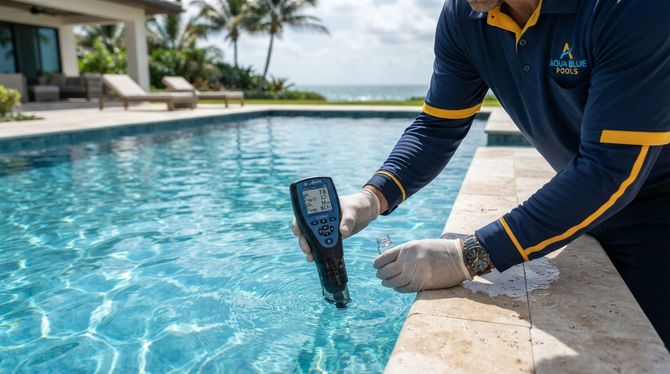 Person in gloves testing pool water with a digital meter beside a clear blue swimming pool.