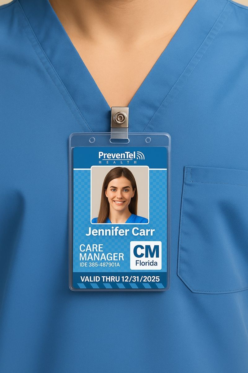 Image of a Preventel Health Care Manager wearing blue scrubs with an emphasis on her company ID badge.