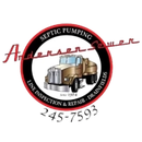 Logo for Andersen Sewer featuring a septic truck in a circular frame with company services and phone number 245-7593.