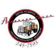 Logo for Andersen Sewer featuring a septic truck in a circular frame with company services and phone number 245-7593.