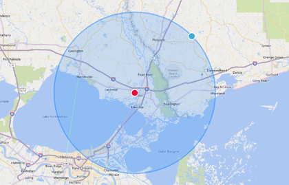 A map of the united states with a circle around a city.