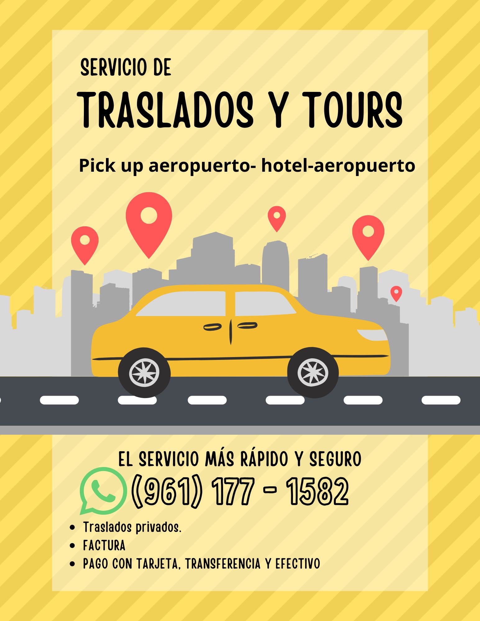 Ilustración de automóvil amarillo para traslados al aeropuerto y tours; información de contacto con número de teléfono.