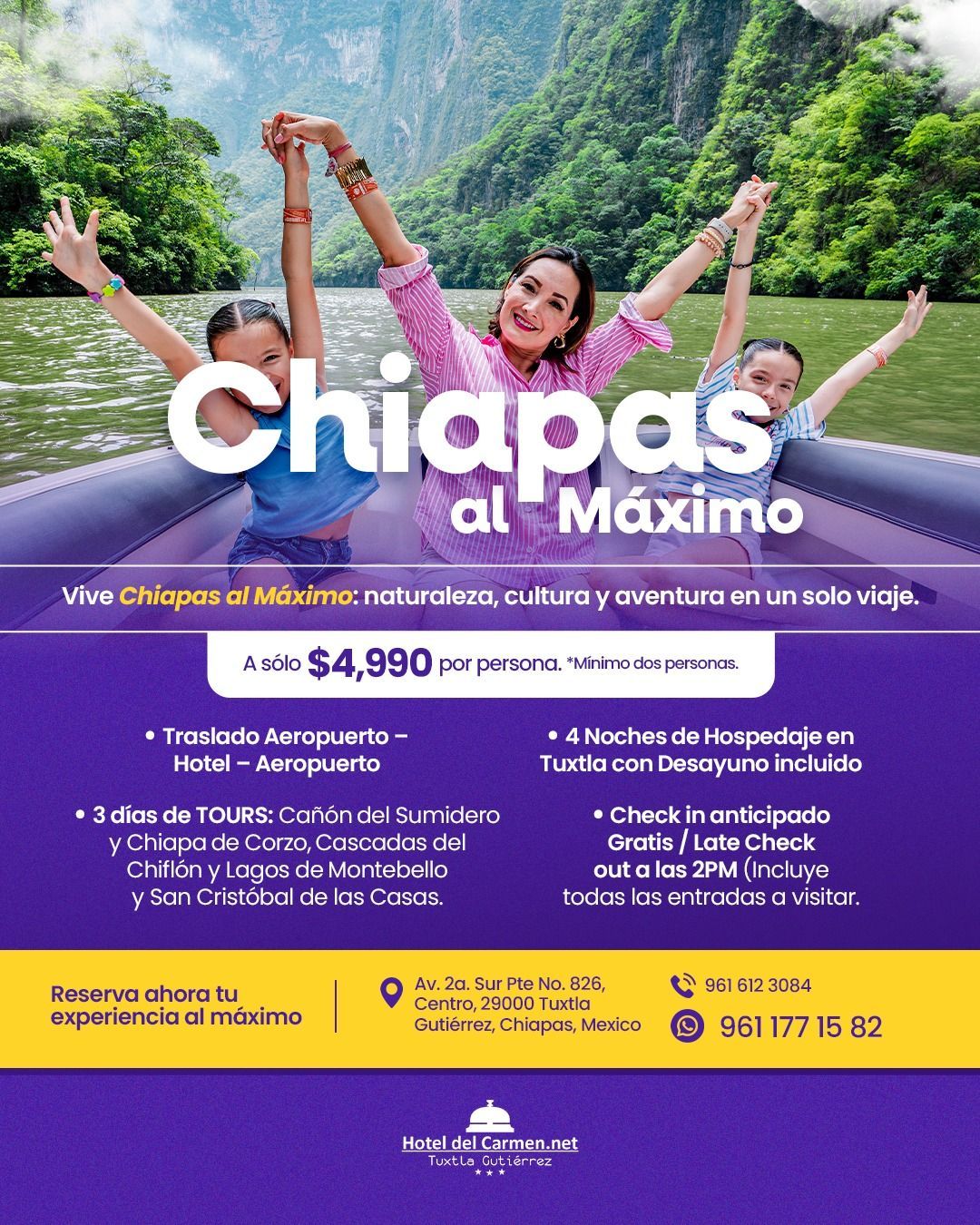 Anuncio de viaje: Tres personas en un barco en Chiapas, México, con los brazos en alto, texto 