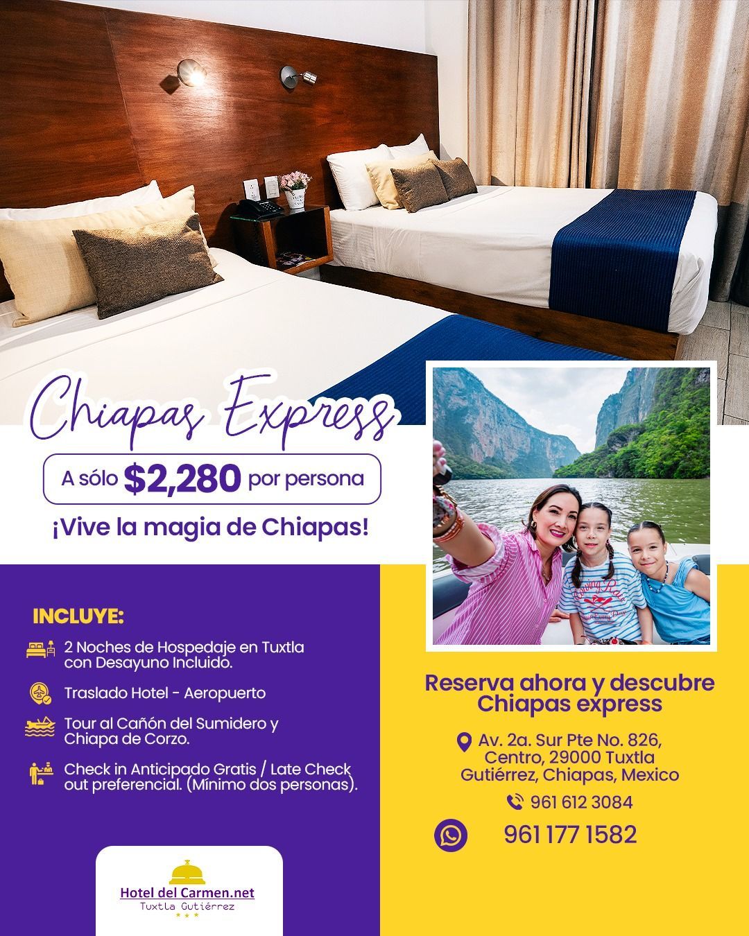 Anuncio de hotel: recámara, pareja en barco, precios, lista de incluidos, Chiapas Express en Chiapas, México.