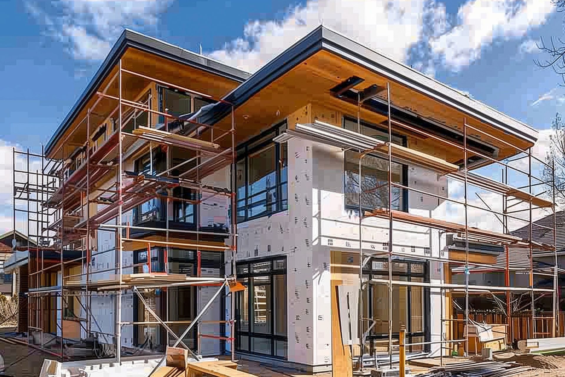 A large house is being built with scaffolding around it.
