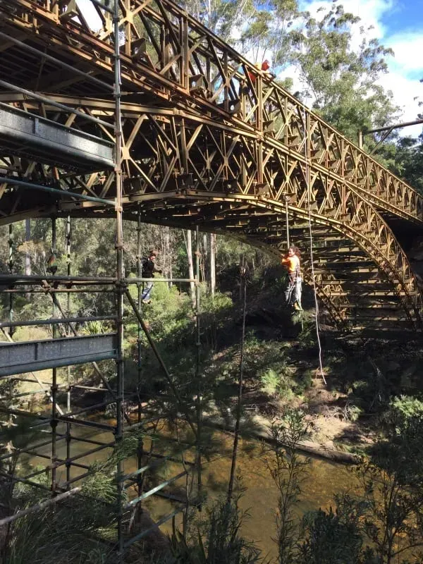 scaffolding on the side of a bridge construction project