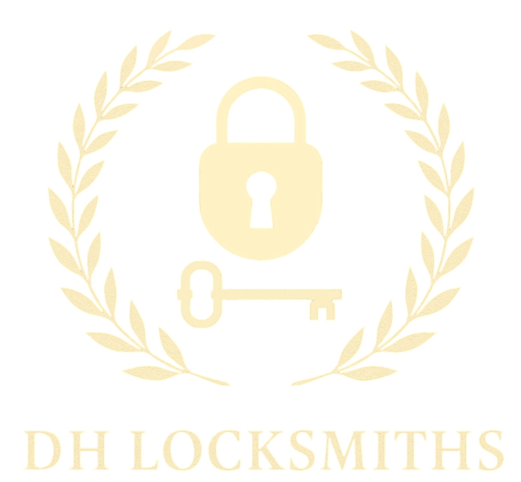 A logo for d.h locksmiths shows a padlock and a key in a laurel wreath.