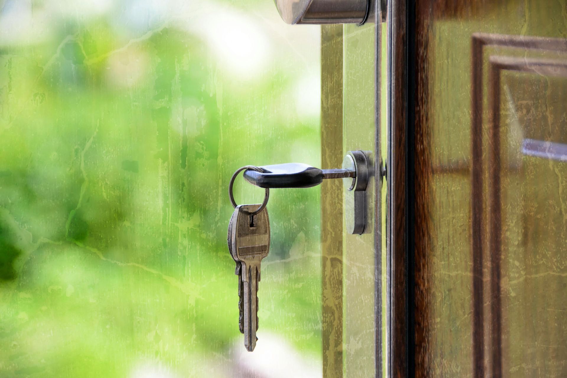 A close up of a door with two keys in it.