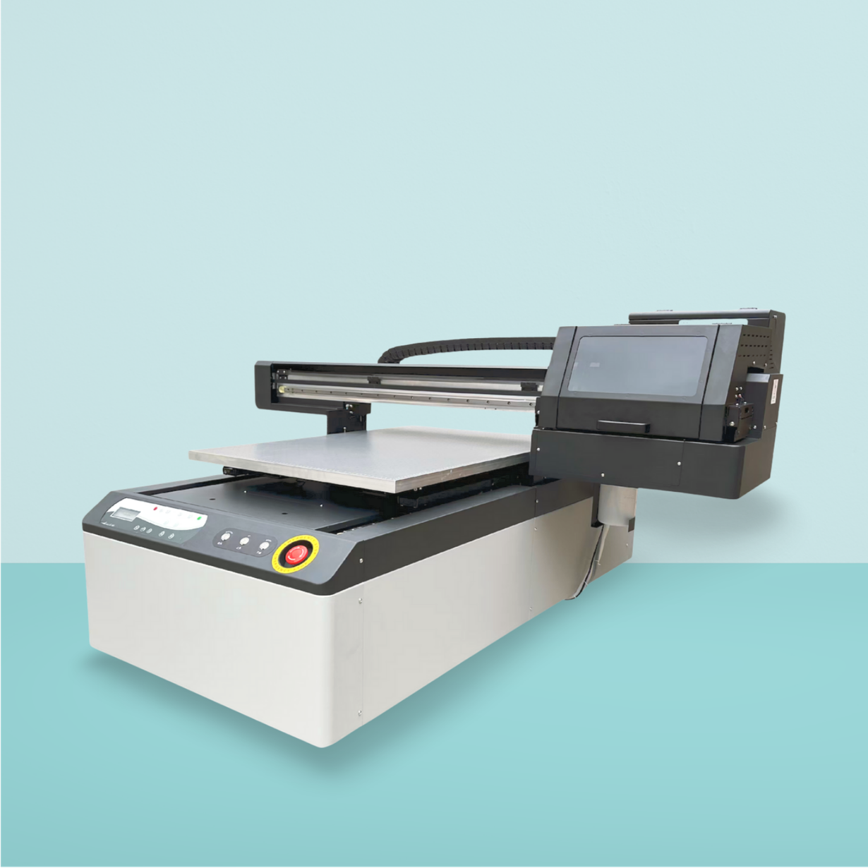 A flatbed printer on a blue background, ready to print on a surface placed on the printer bed.