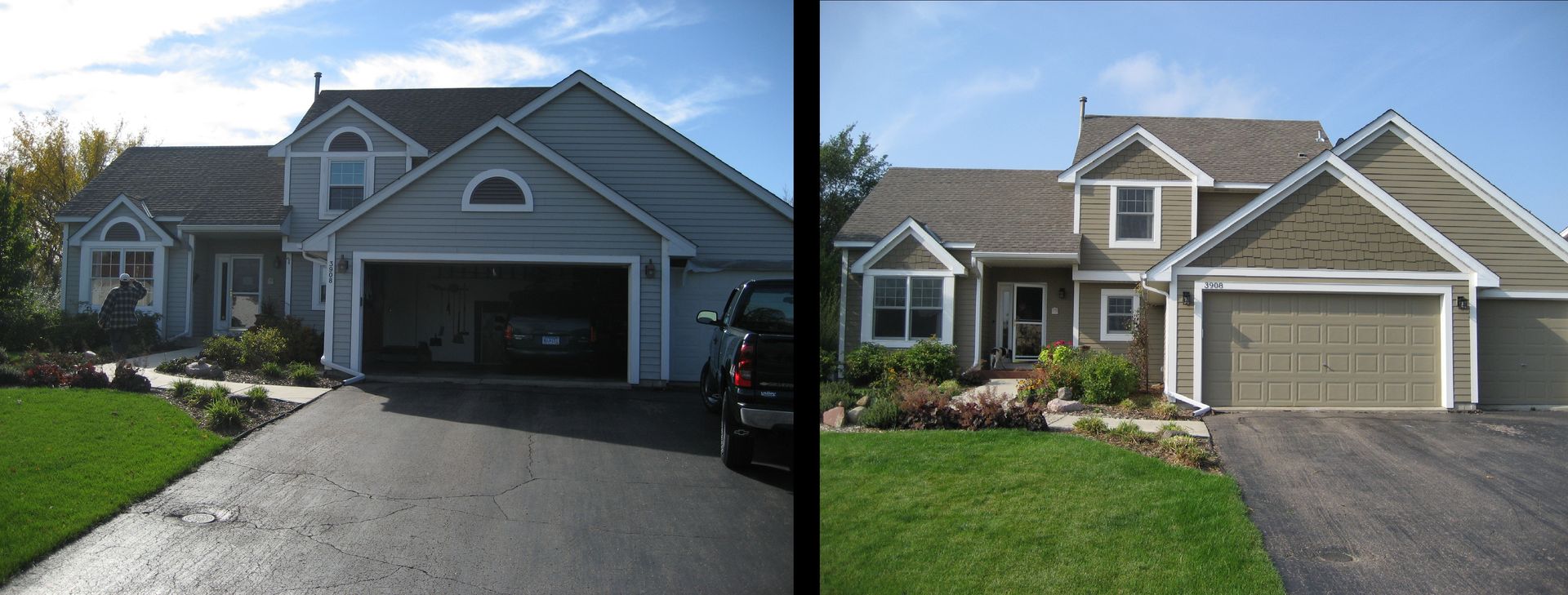 Two suburban homes with attached garages, shown side by side for before-and-after comparison.