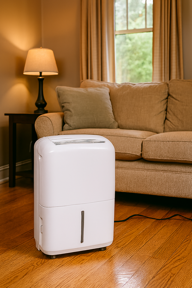 White dehumidifier on wood floor in front of a beige couch, with a lamp and window in the background.